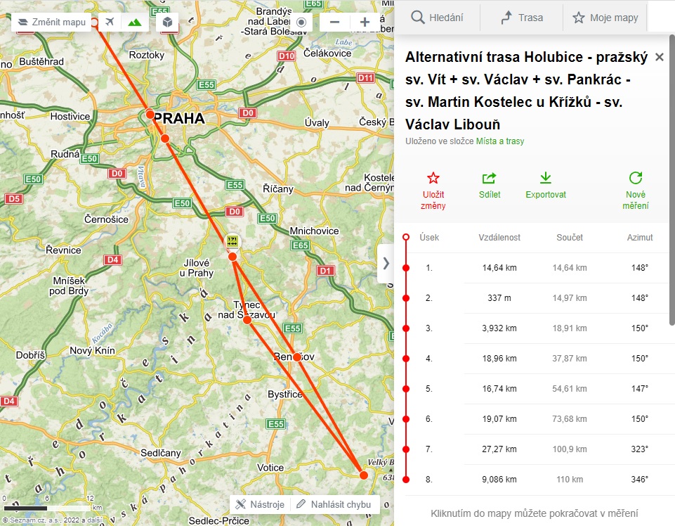 Alternativní trasa Holubice - Praha - Kostelec u Křížků - Libouň. Mapy.cz
